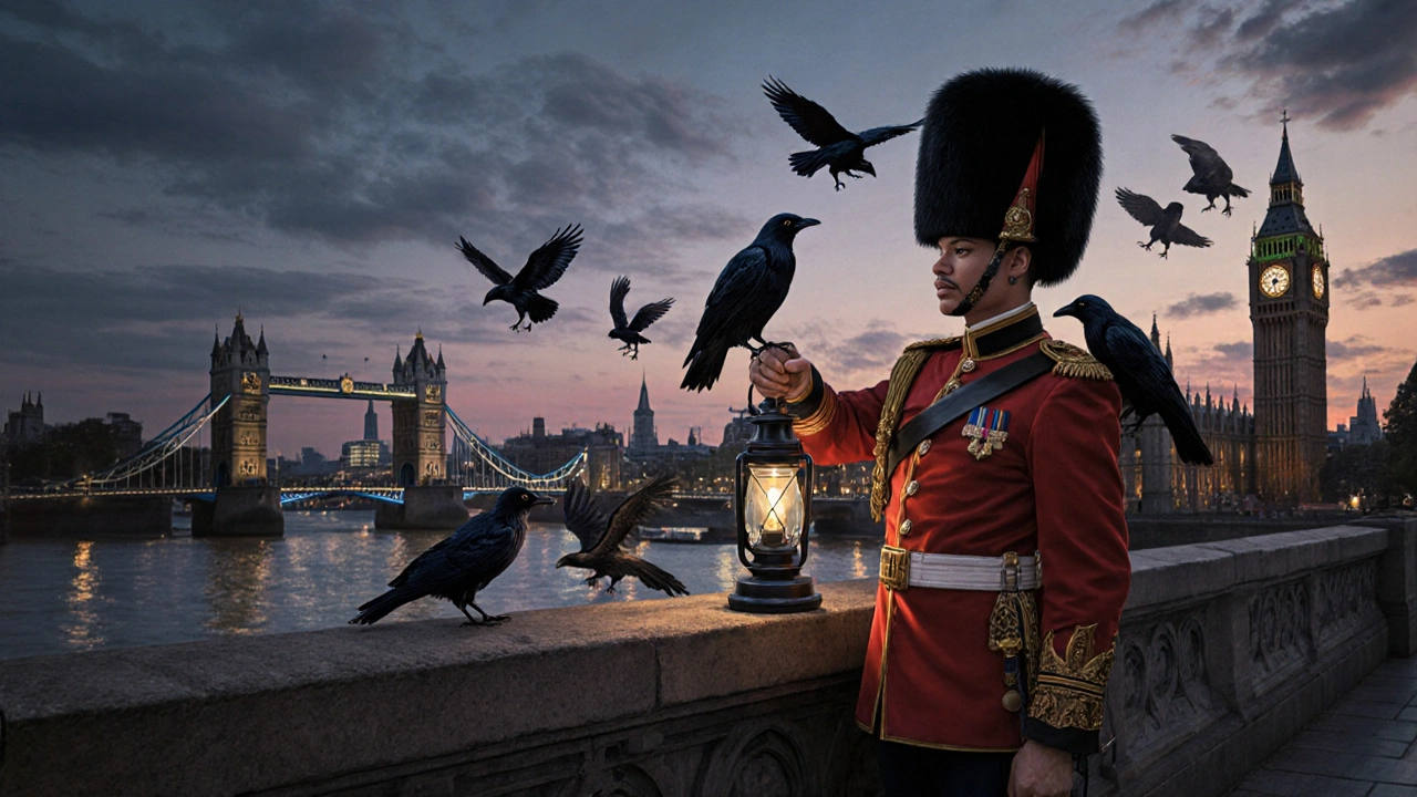 A Beefeater with ravens on the Tower ramparts at dusk, one stealing a hat, London Bridge lights twinkling below.