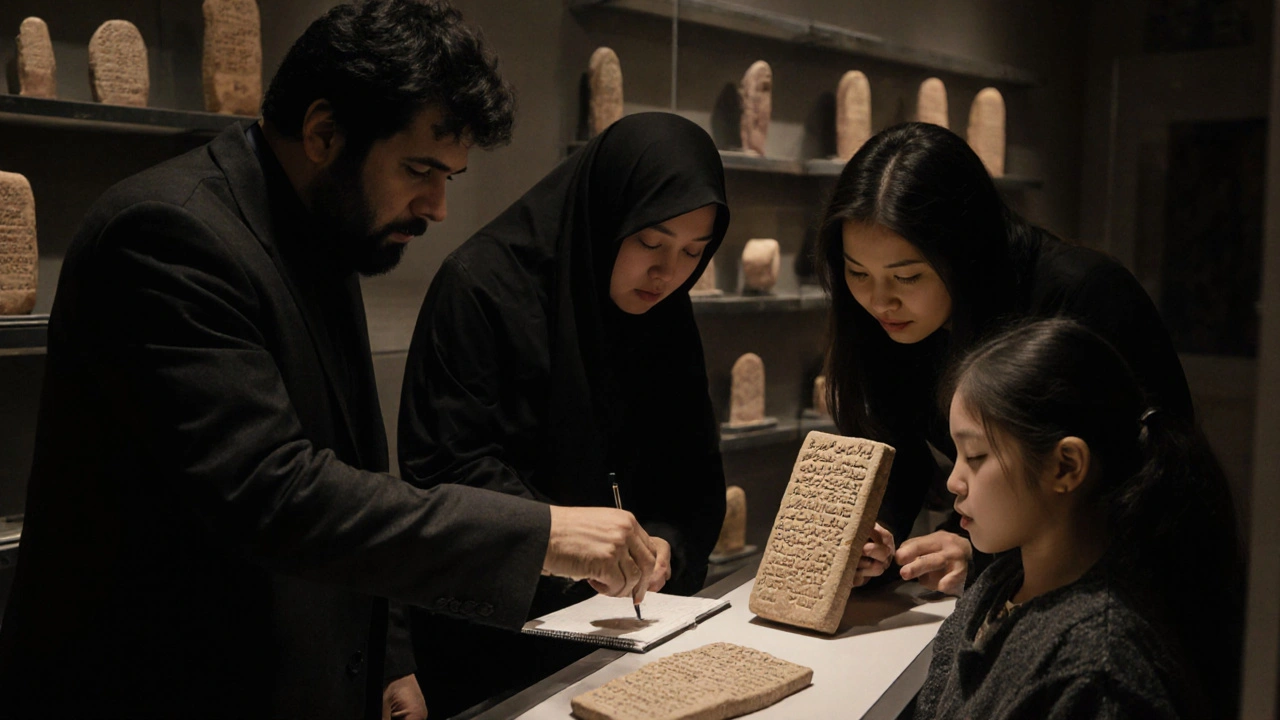 A diverse group of Londoners quietly engaging with ancient Near Eastern artifacts in a peaceful museum setting.