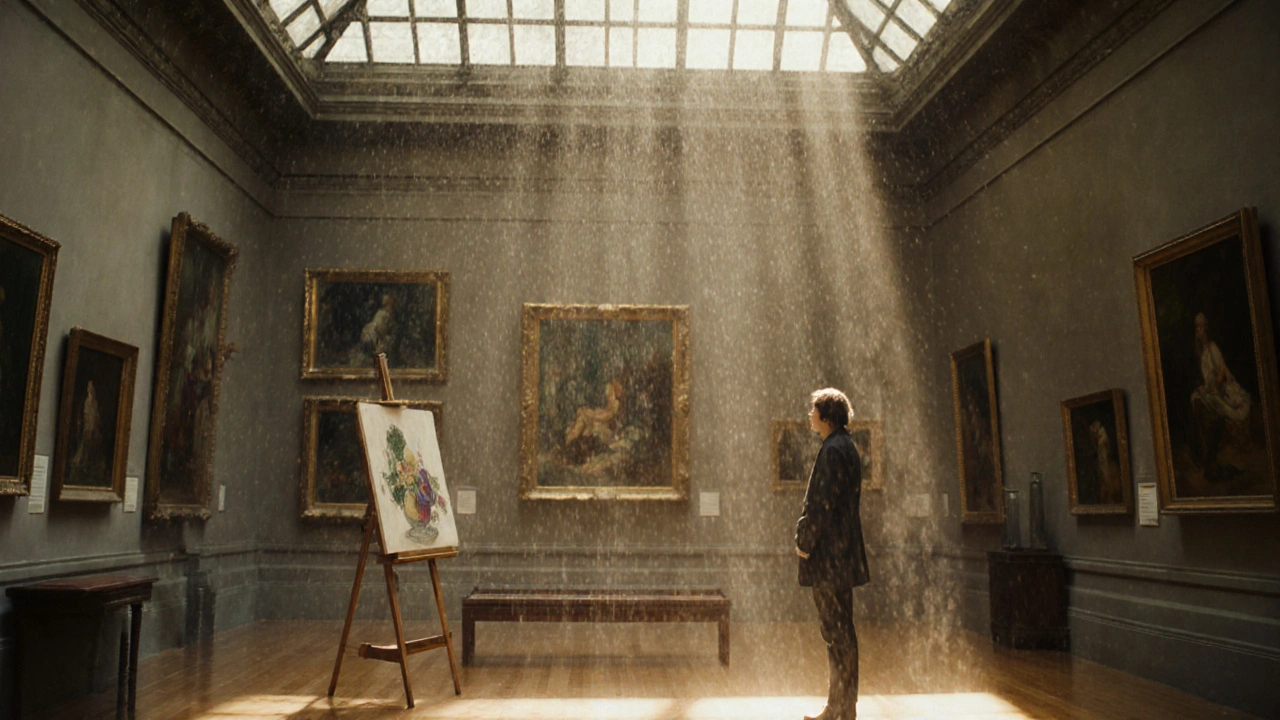 A quiet corner of Courtauld Gallery with sunlight streaming through a glass ceiling onto a Cézanne painting as rain falls outside.