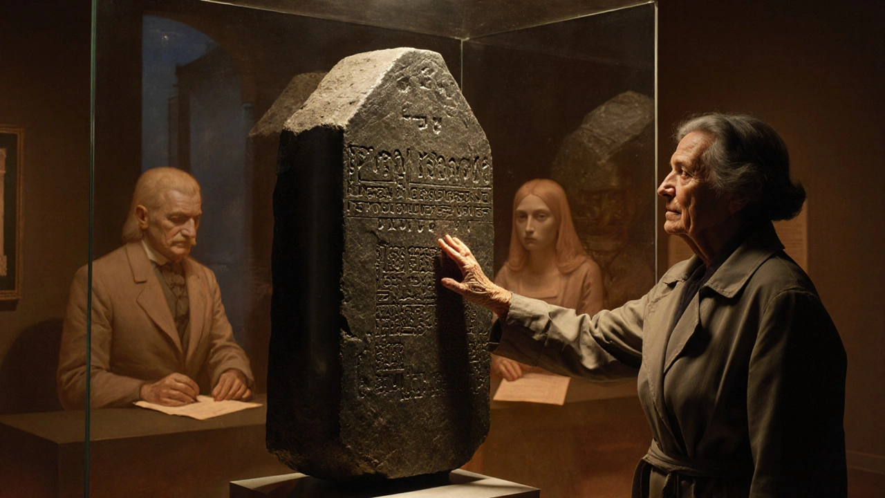 A woman standing before the Rosetta Stone in soft light, lost in thought as faint historical figures linger behind her.