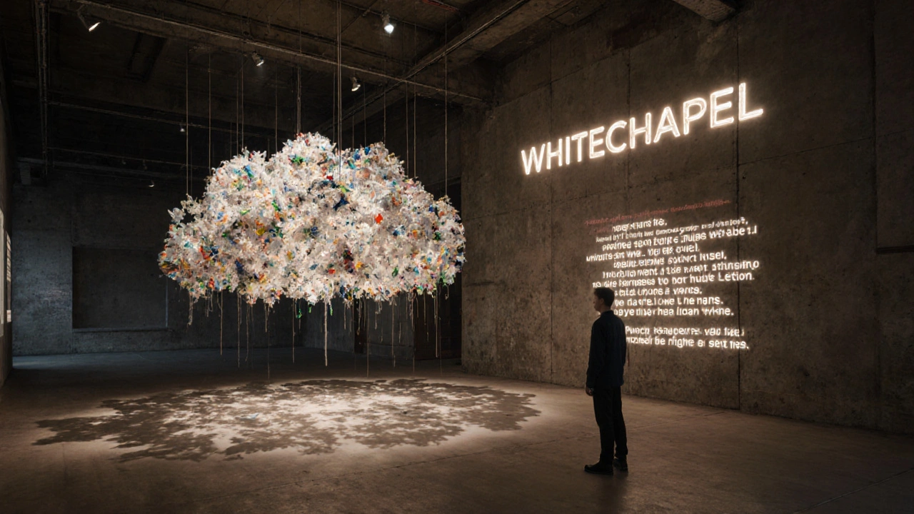 An abstract installation of recycled plastic hangs in Whitechapel Gallery with projected poetry glowing on the ceiling.