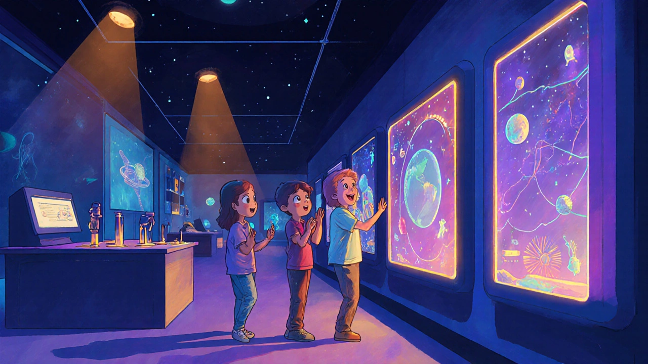 Children exploring interactive space exhibits at the Science Museum after dark.