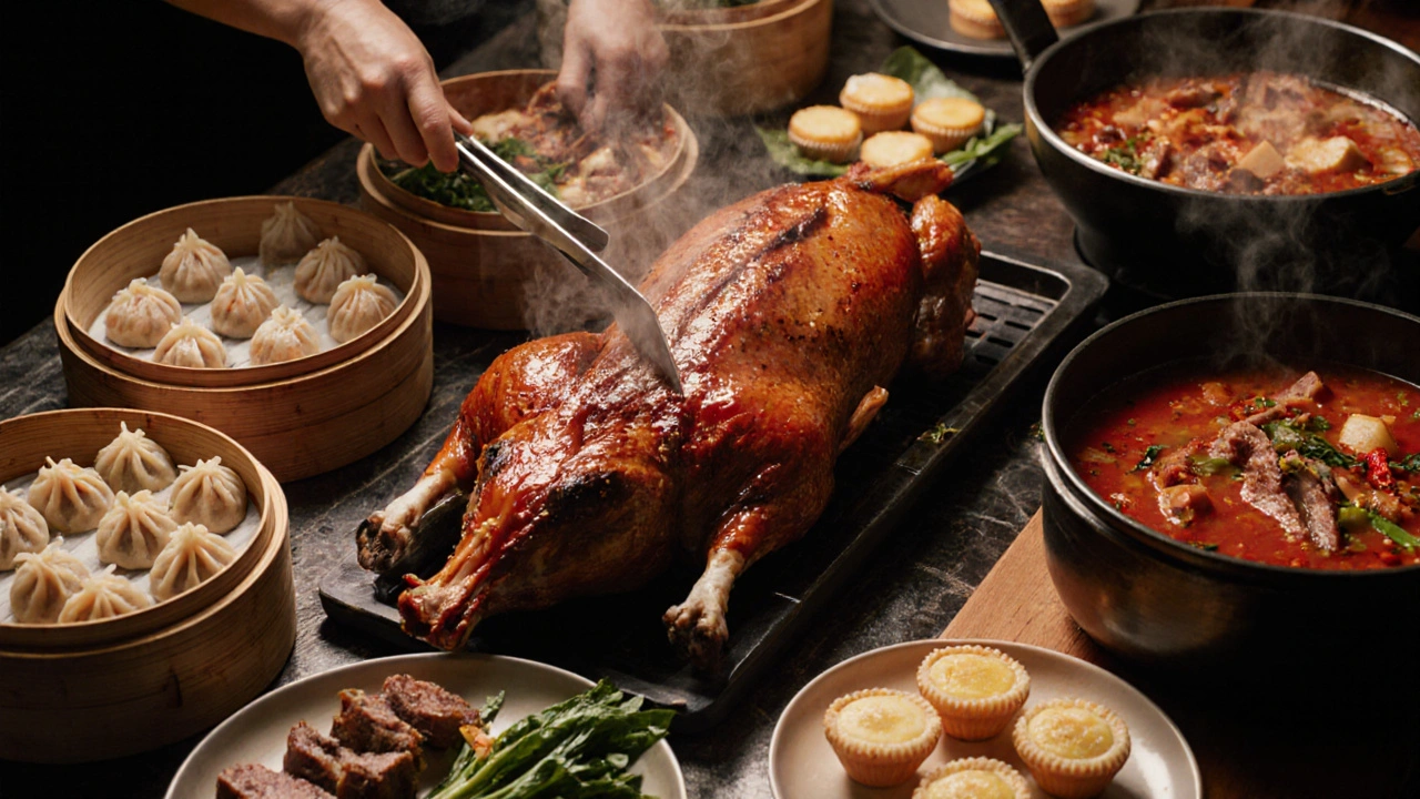 Close‑up of a banquet table with Peking duck, dim sum, hot‑pot, and pastries.