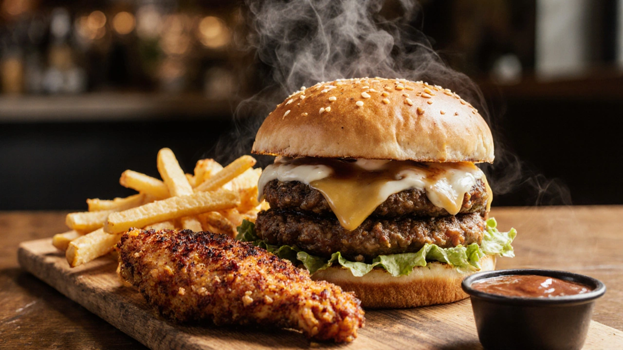 Close‑up of a plant‑based burger with truffle aioli, heat‑coated chicken, and fries on a rustic board.