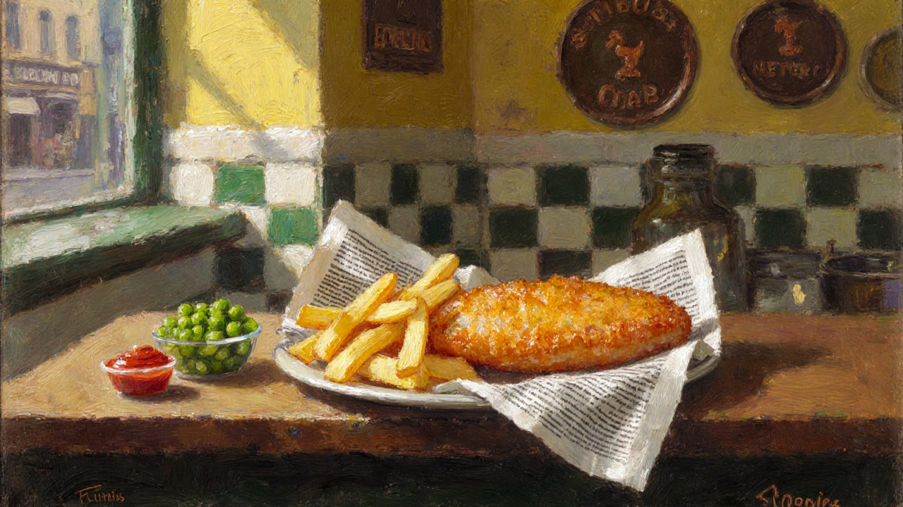 Close‑up of golden battered fish and chips with mushy peas on a newspaper‑wrapped plate.