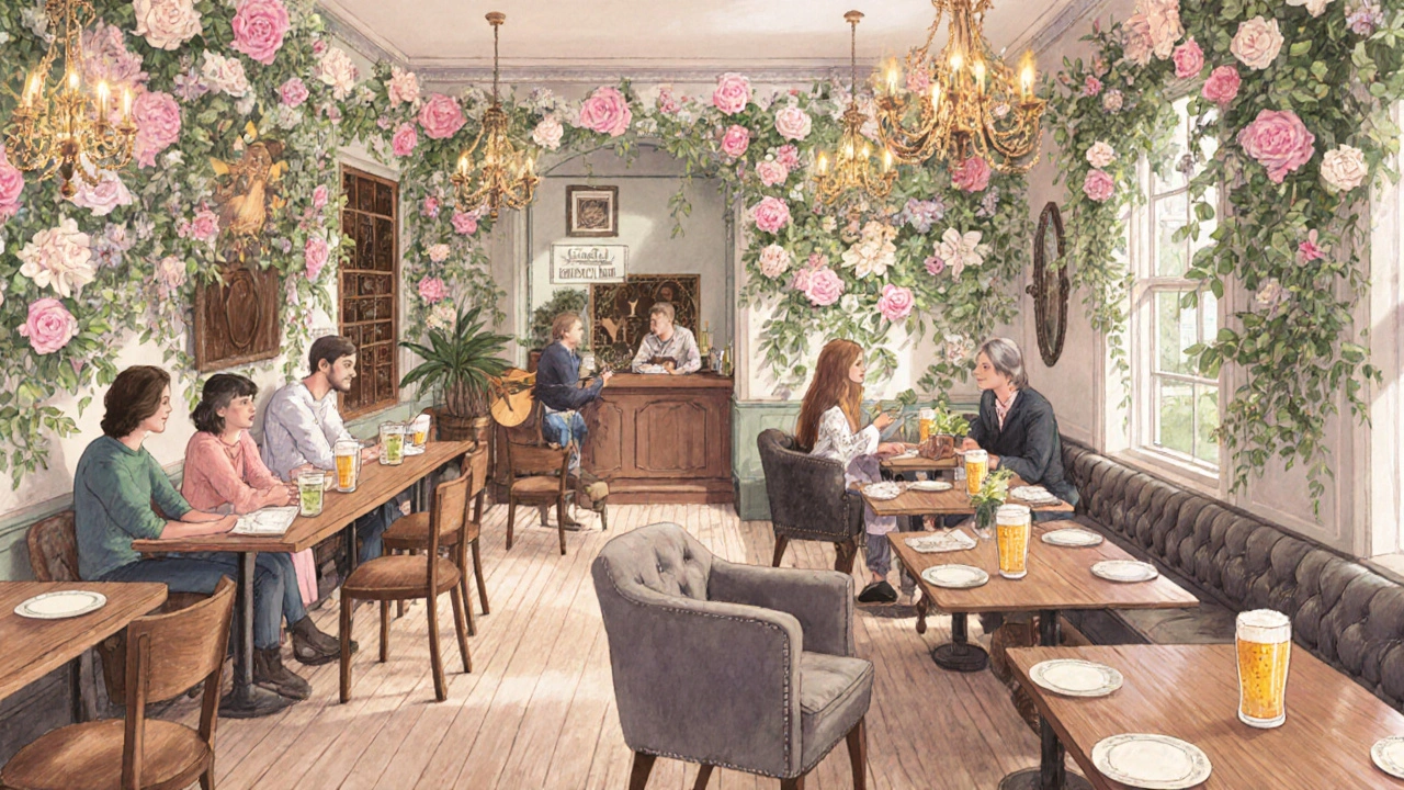 Cozy interior of The Churchill Arms garden bar with roses, drinks, and acoustic music.