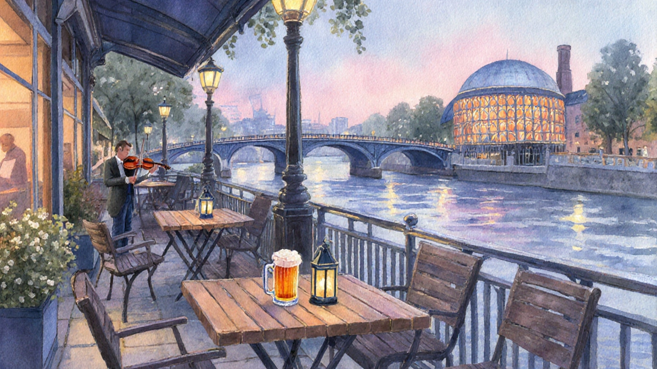 Cozy riverside terrace at night with lanterns, a violinist, and the Thames reflecting lights.