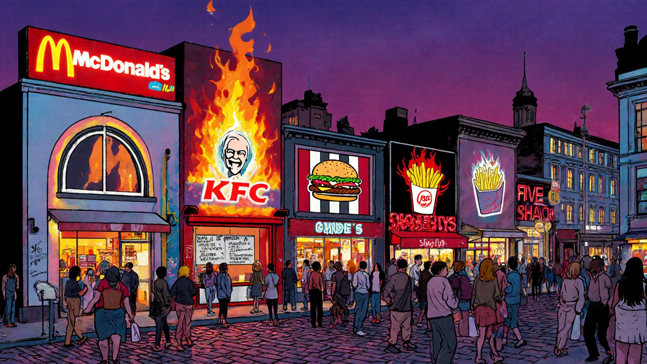 Crowded London market square with colorful storefronts of multiple US fast‑food chains at dusk.