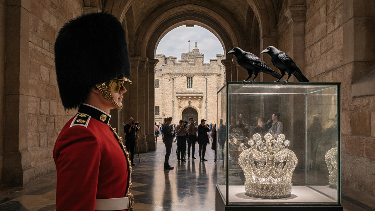 Crown Jewels displayed with a Beefeater and ravens, visitors observing.