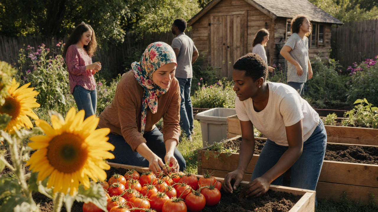 Diverse locals planting vegetables and flowers together in a vibrant London community garden.