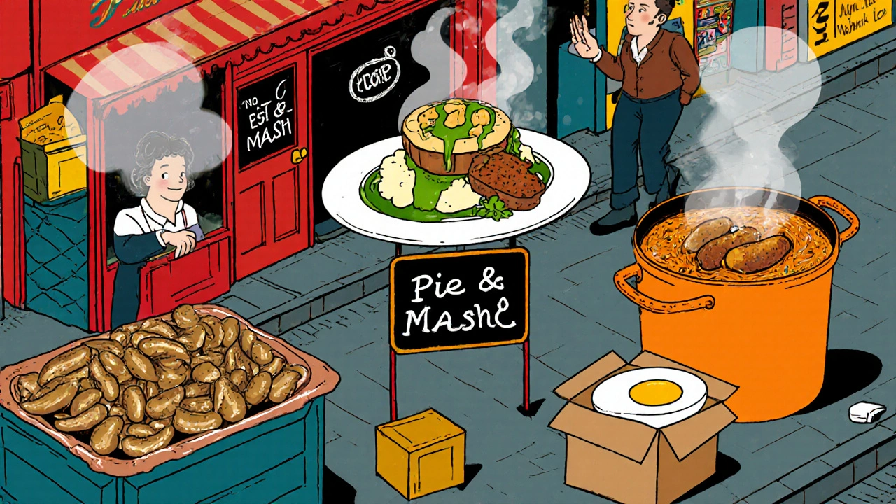East End market scene with pie and mash, jellied eels, chicken tikka masala, and Scotch eggs.