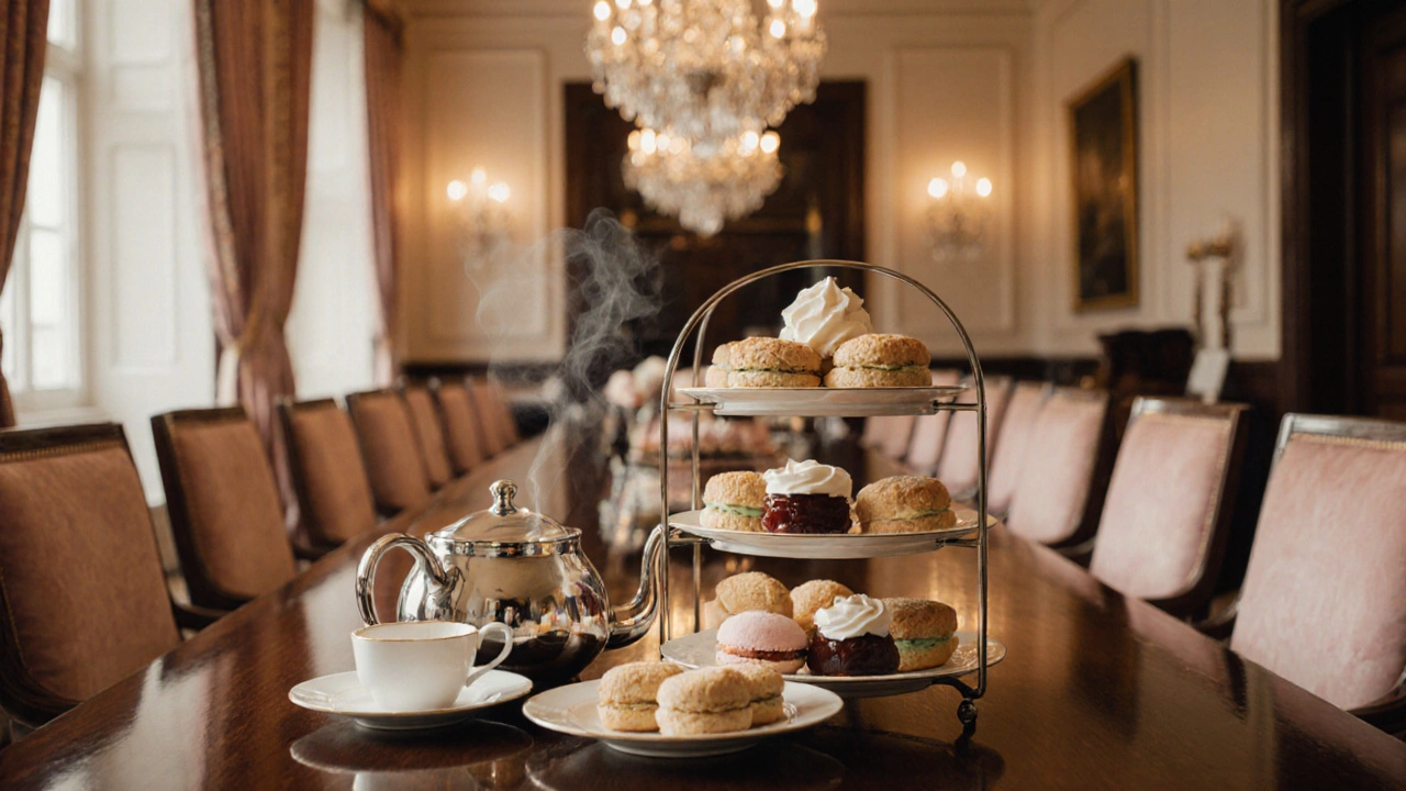 Elegant afternoon tea setting with scones, pastries, and tea in a luxury hotel.