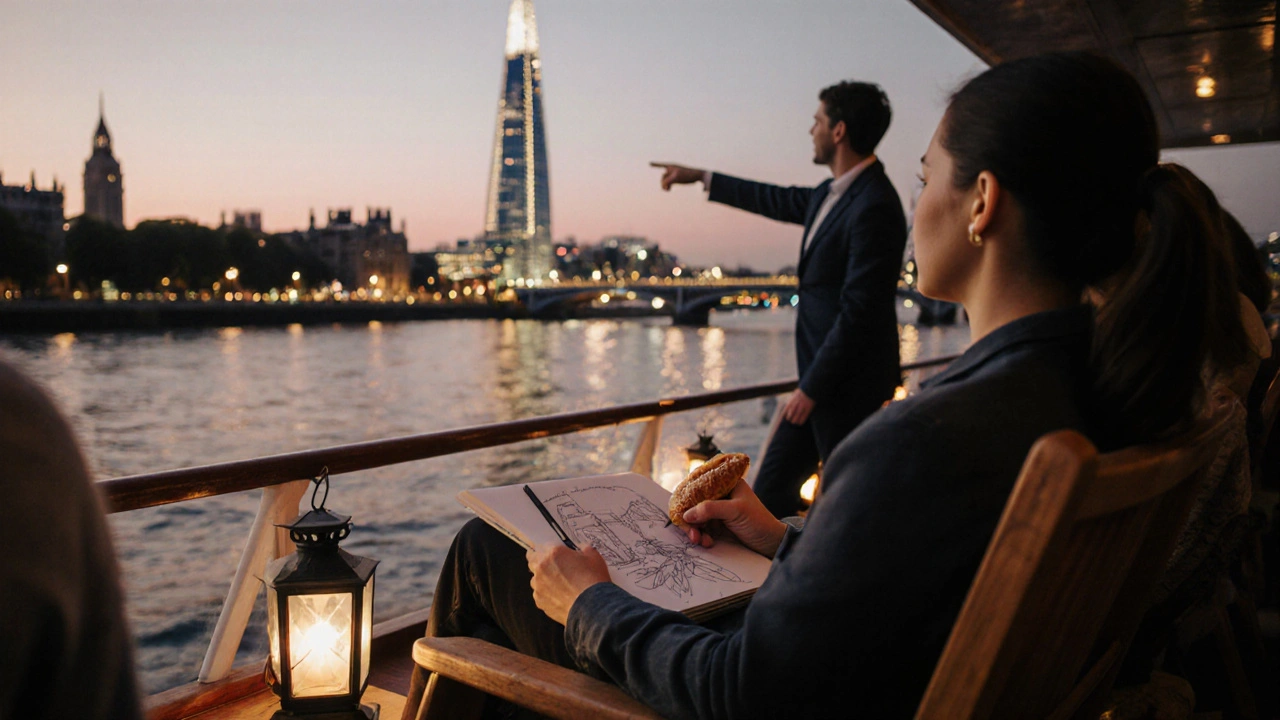 Evening Thames cruise with traveler jotting notes and enjoying a market pastry.