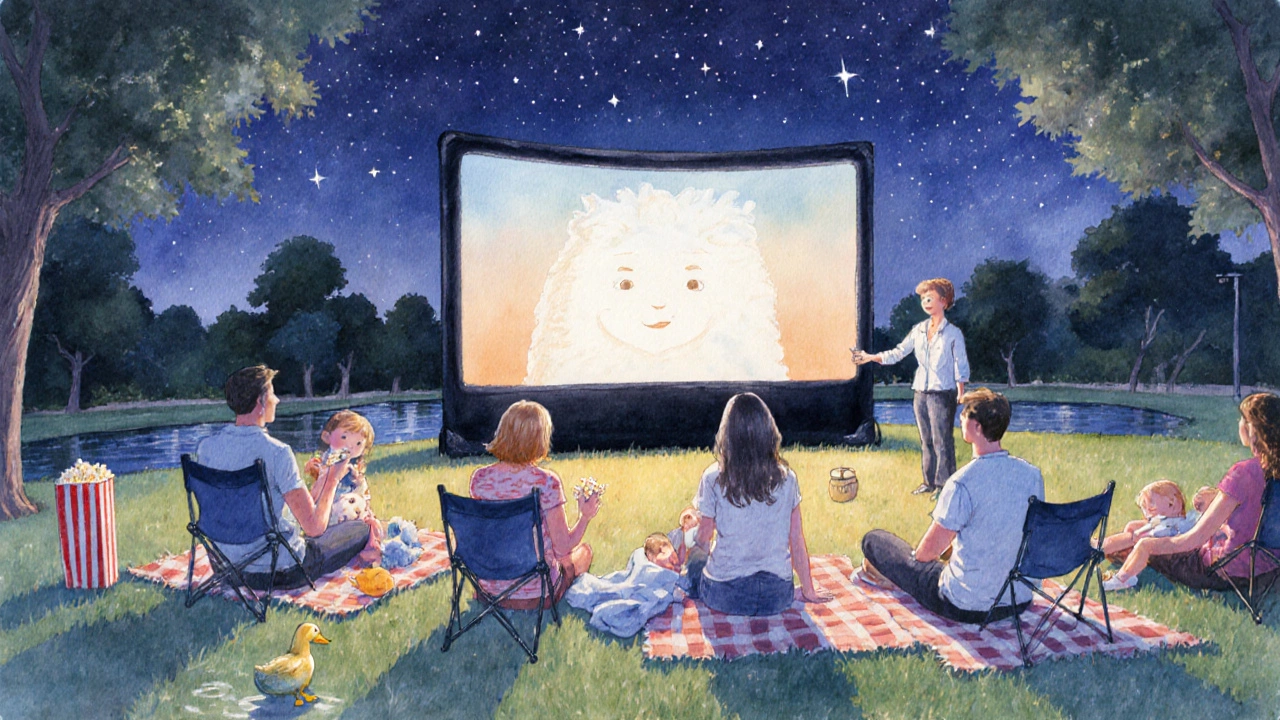 Families watching an outdoor movie on blankets in Battersea Park at night.