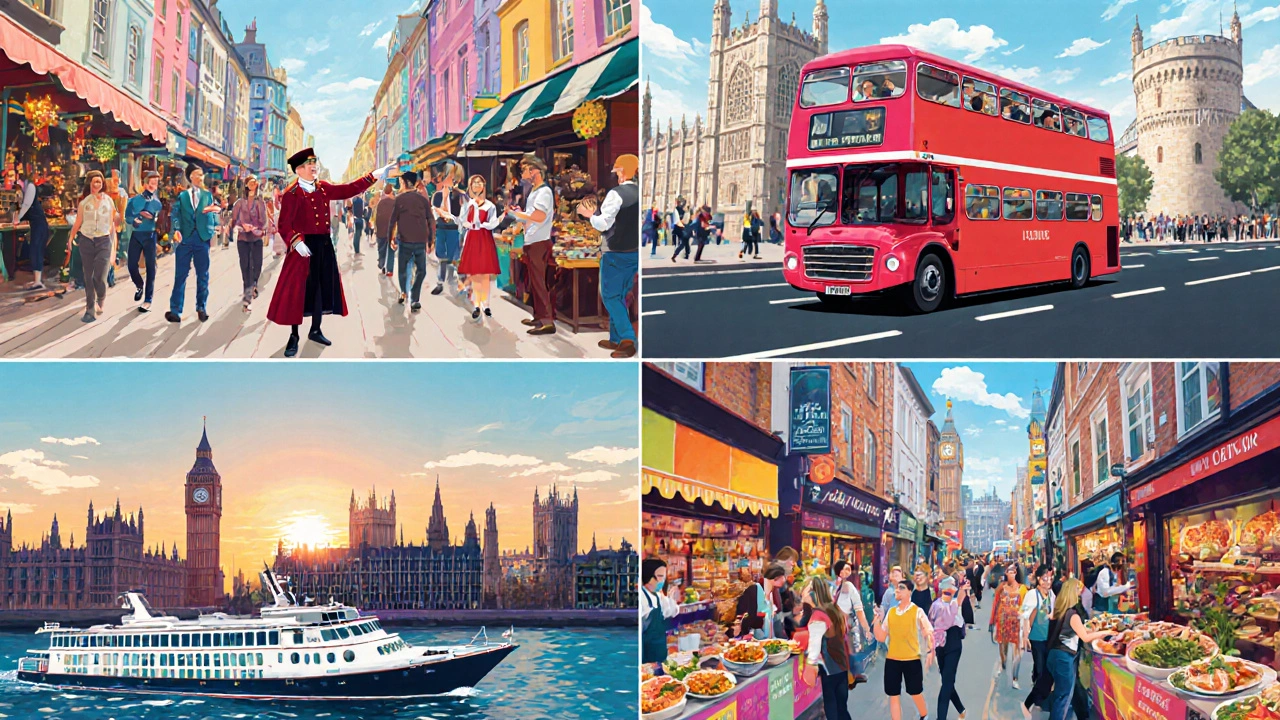 Four‑panel illustration of walking, bus, river, and food tours in London.