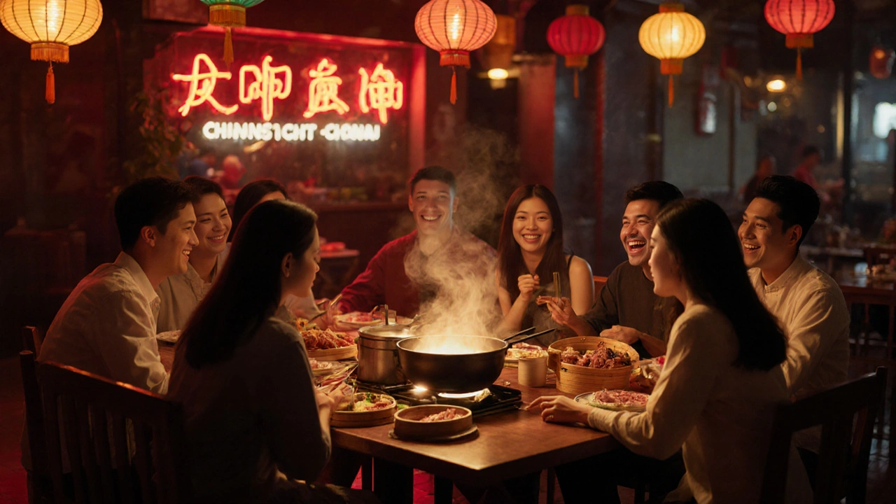 Friends dining together at night in a Chinatown restaurant with lanterns and neon lights.