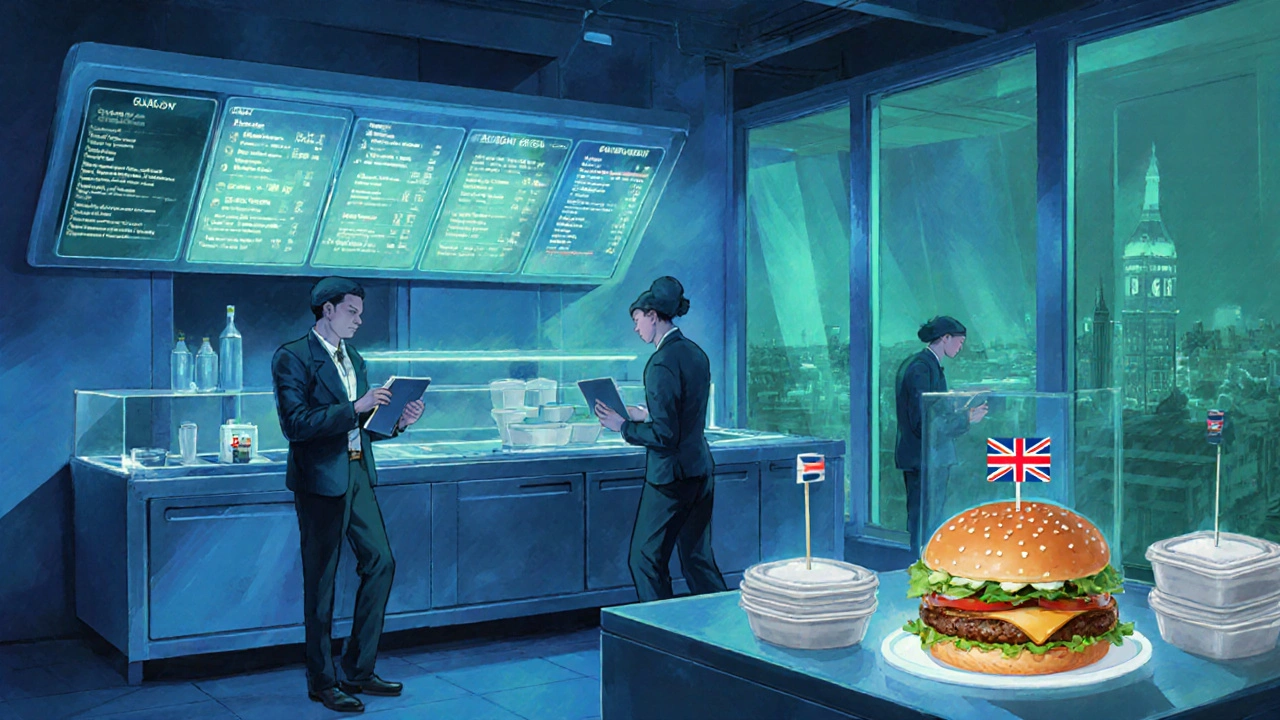 Futuristic ghost kitchen interior with holographic menus, reusable packaging, and chefs preparing a special burger.