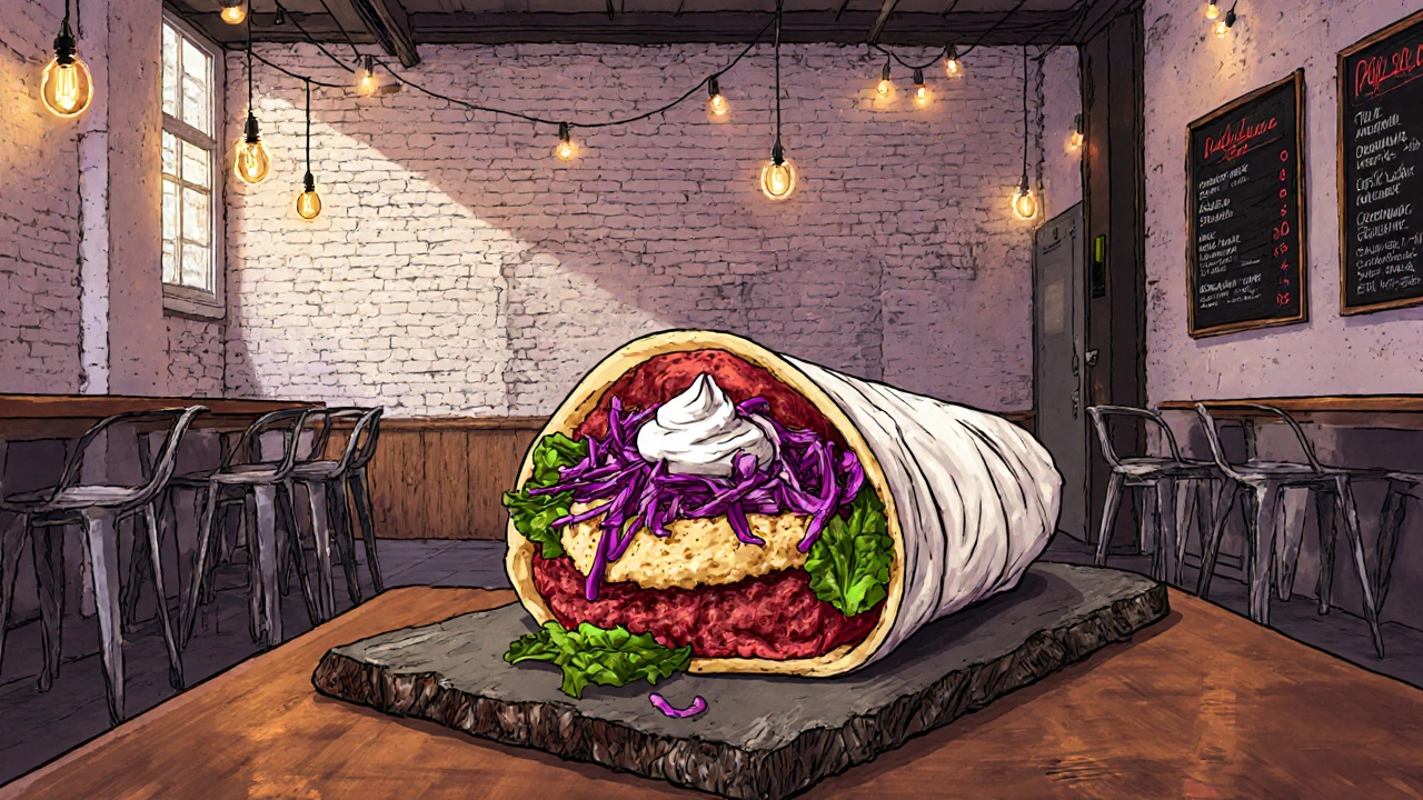 Galaxy shawarma on slate board under string lights in Shoreditch loft