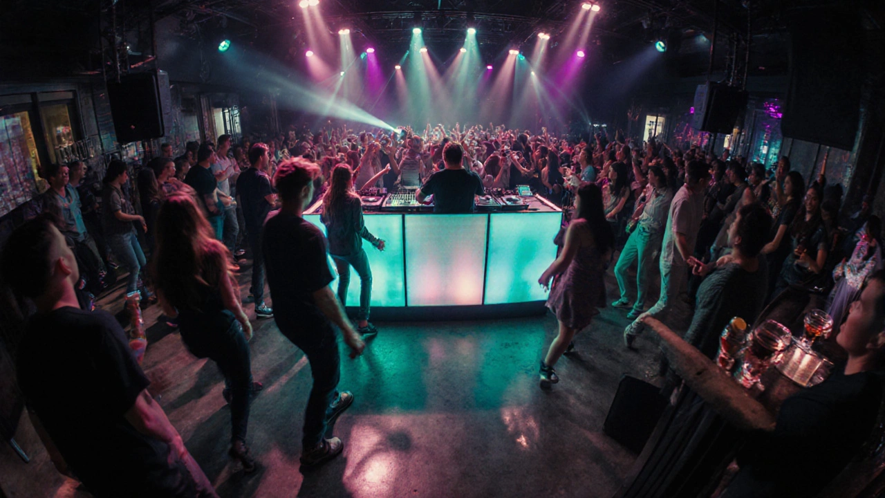 Inside XOYO with DJ, vibrant lighting, crowd dancing, and bar serving cocktails.
