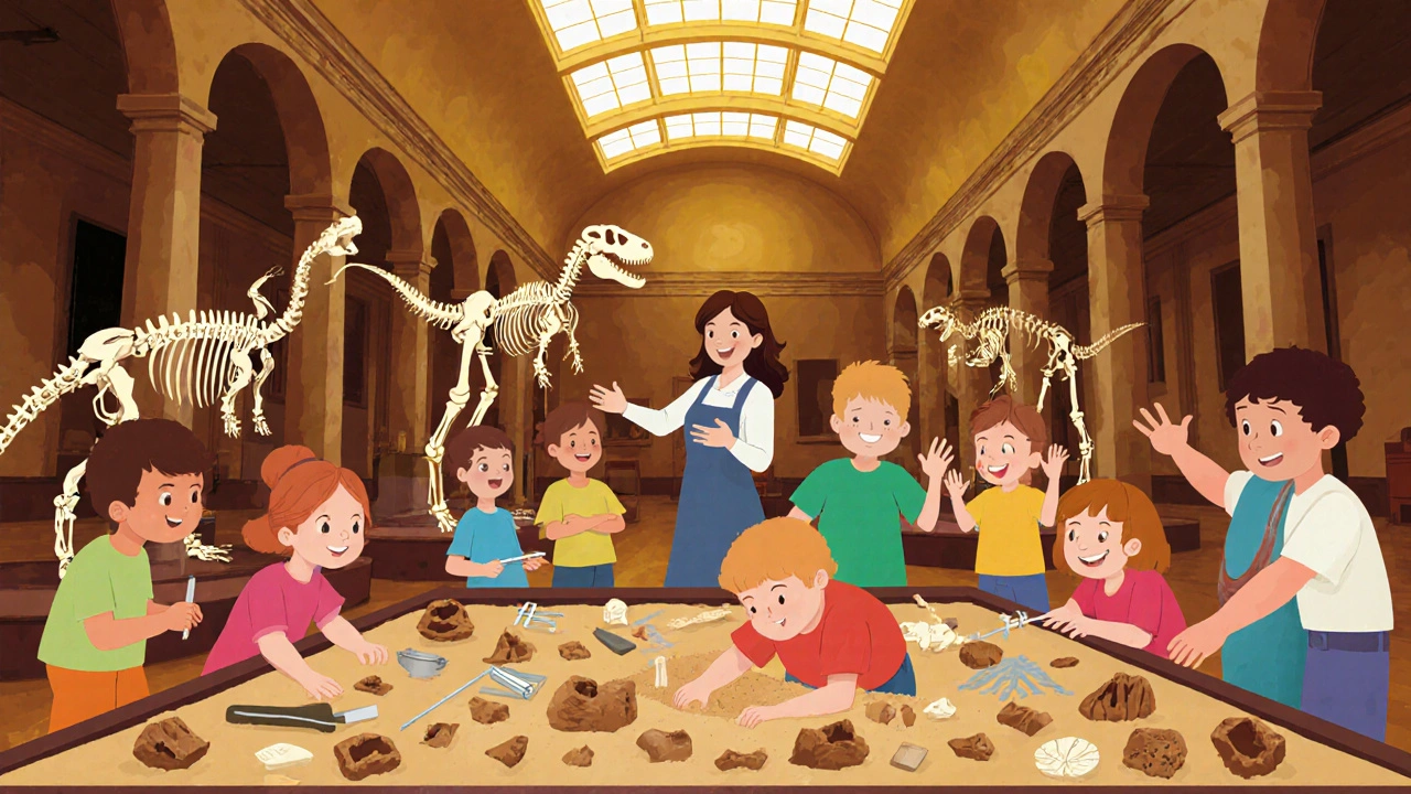 Kids at Natural History Museum digging for fossils and assembling dinosaur skeletons.
