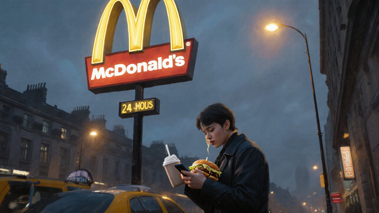 Late‑night London scene showing a person using a phone for a fast‑food discount near a glowing sign.