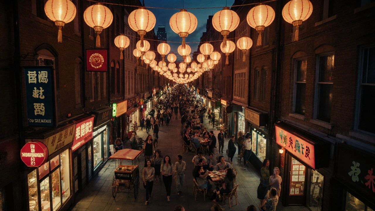 Night aerial view of Chinatown lit by lanterns, with diners and iconic food spots.