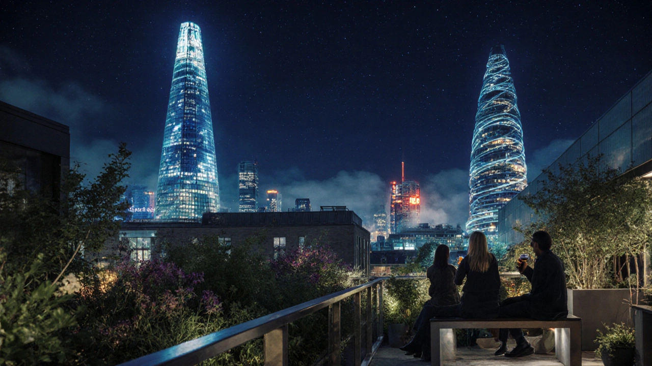 Night rooftop garden at 45 Ludgate Hill overlooking illuminated The Shard and the Gherkin.
