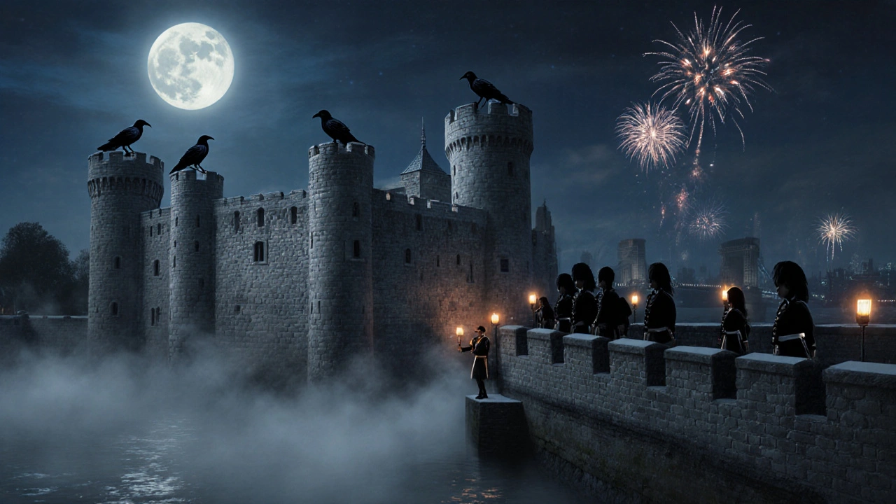 Night watch tour with torches, fog, and ravens on the tower.