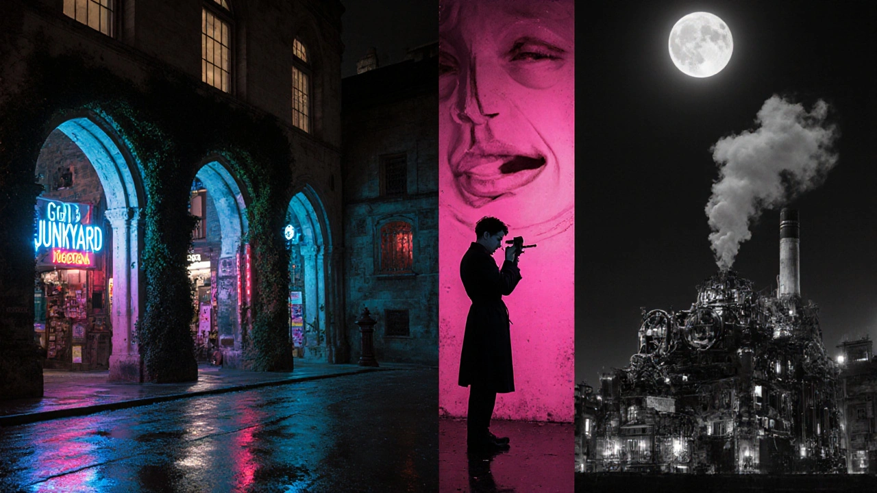 Nighttime collage of neon signs, ivy ruins and industrial steam hinting at a hidden‑gem adventure.