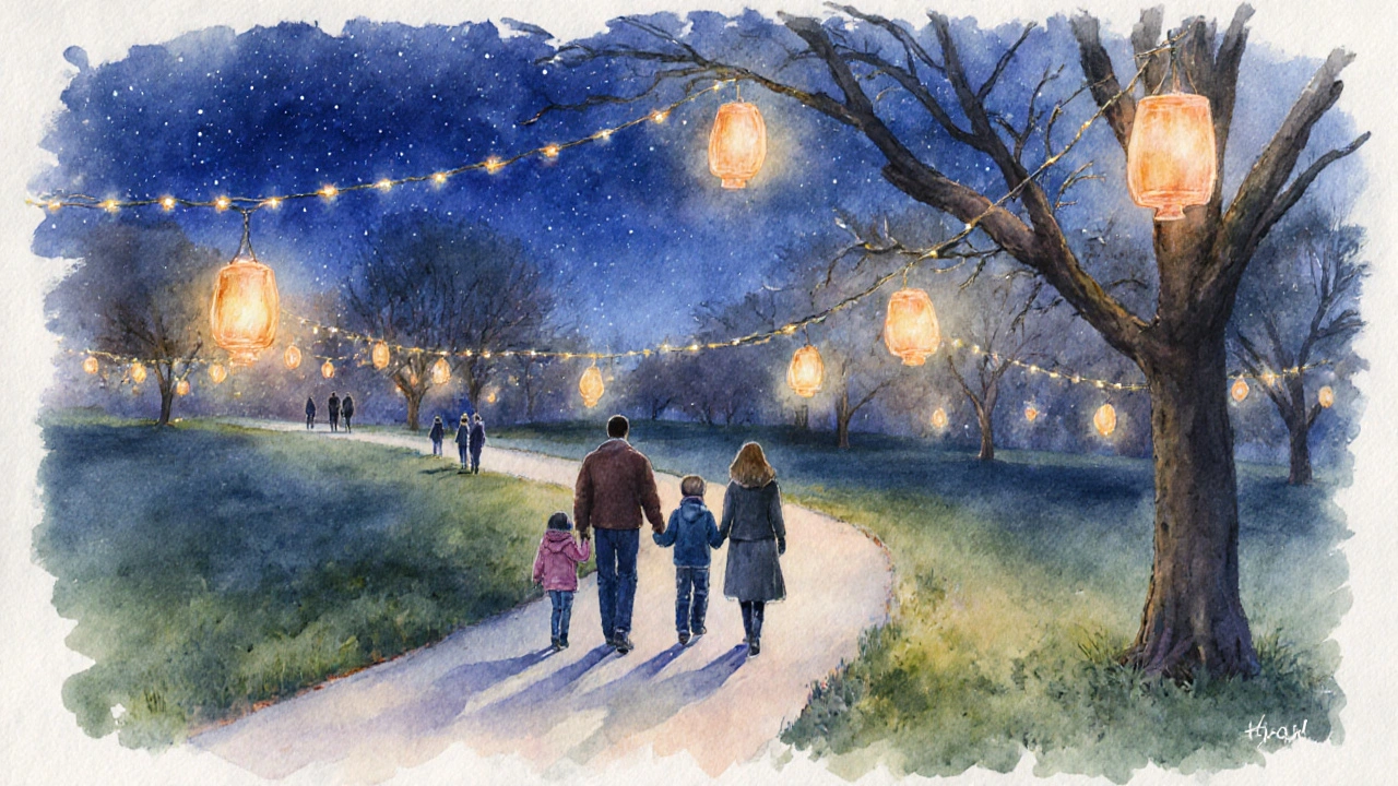 Parents and kids strolling through Hyde Park&#039;s illuminated Winter Lights installation.