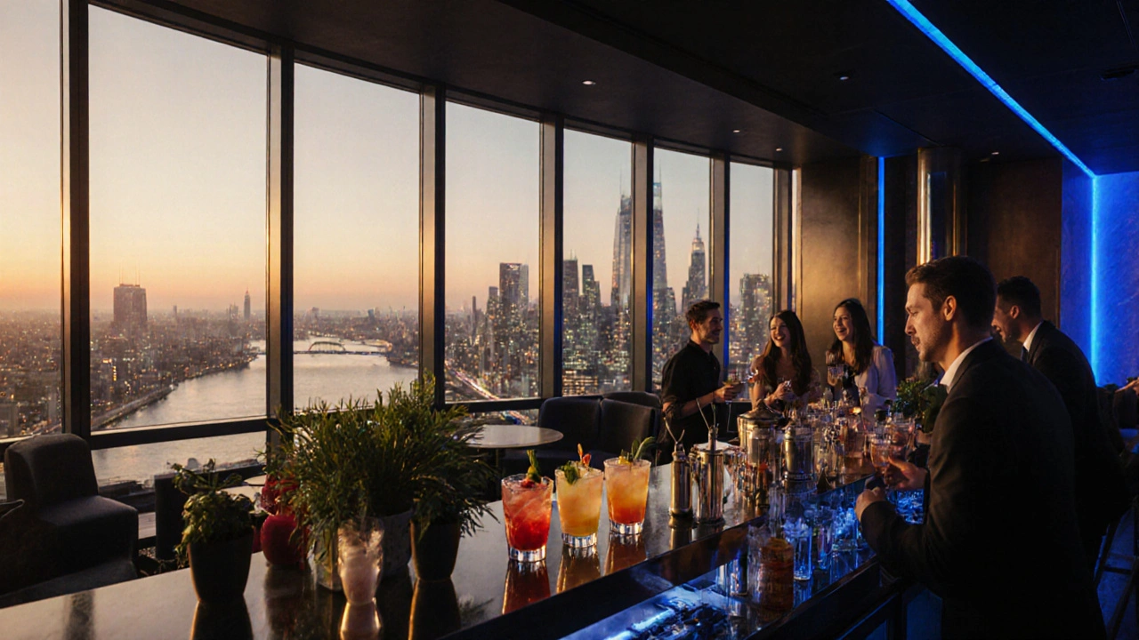 Rooftop bar interior with cocktails and panoramic night view of the city beyond large windows.