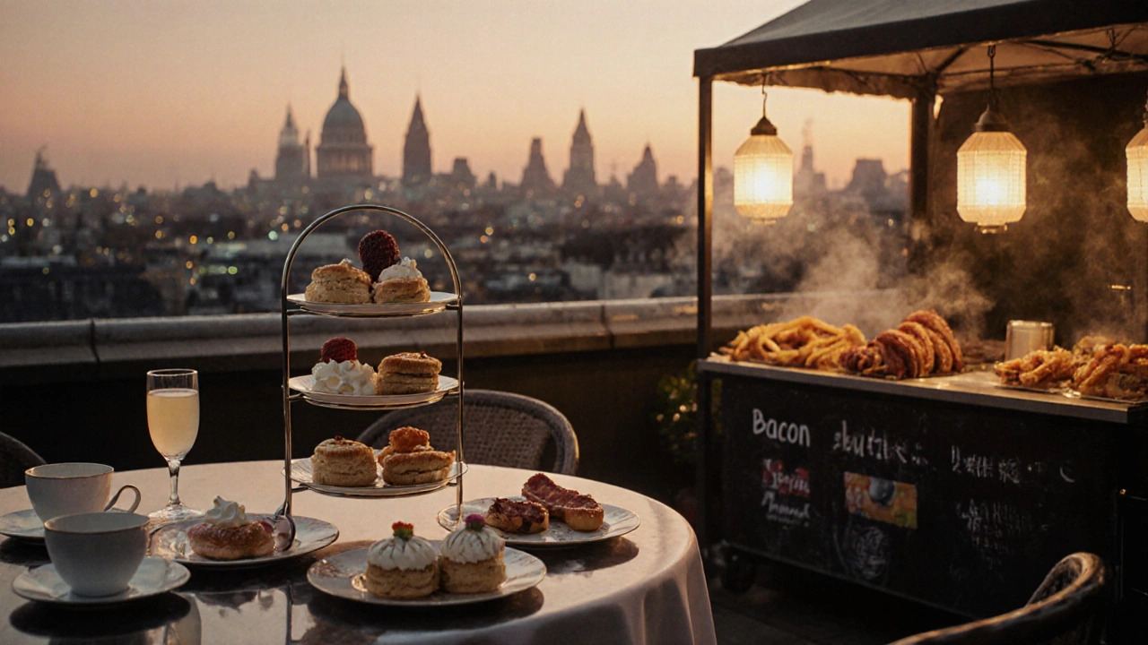 Rooftop scene at sunset showing elegant afternoon tea beside vibrant street‑food stalls.
