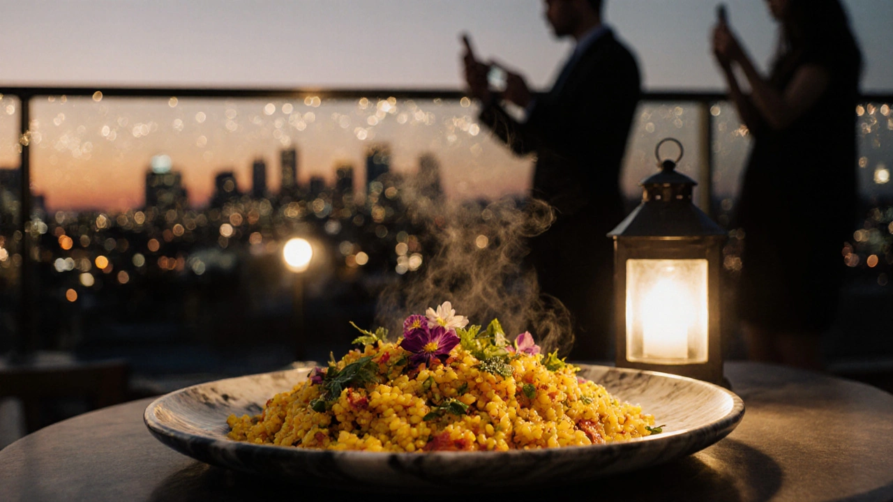 Saffron paella on marble plate with London skyline at sunset
