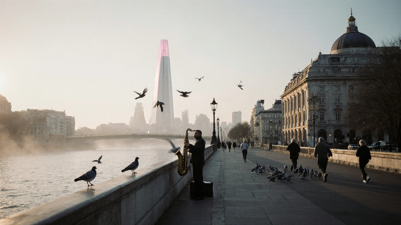 Sunrise over the Thames on the empty South Bank, with a saxophonist and pigeons near the National Theatre.