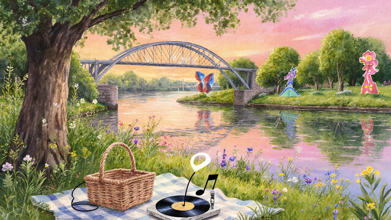 Sunset over Eel Pie Island showing a footbridge, orchards and picnickers.