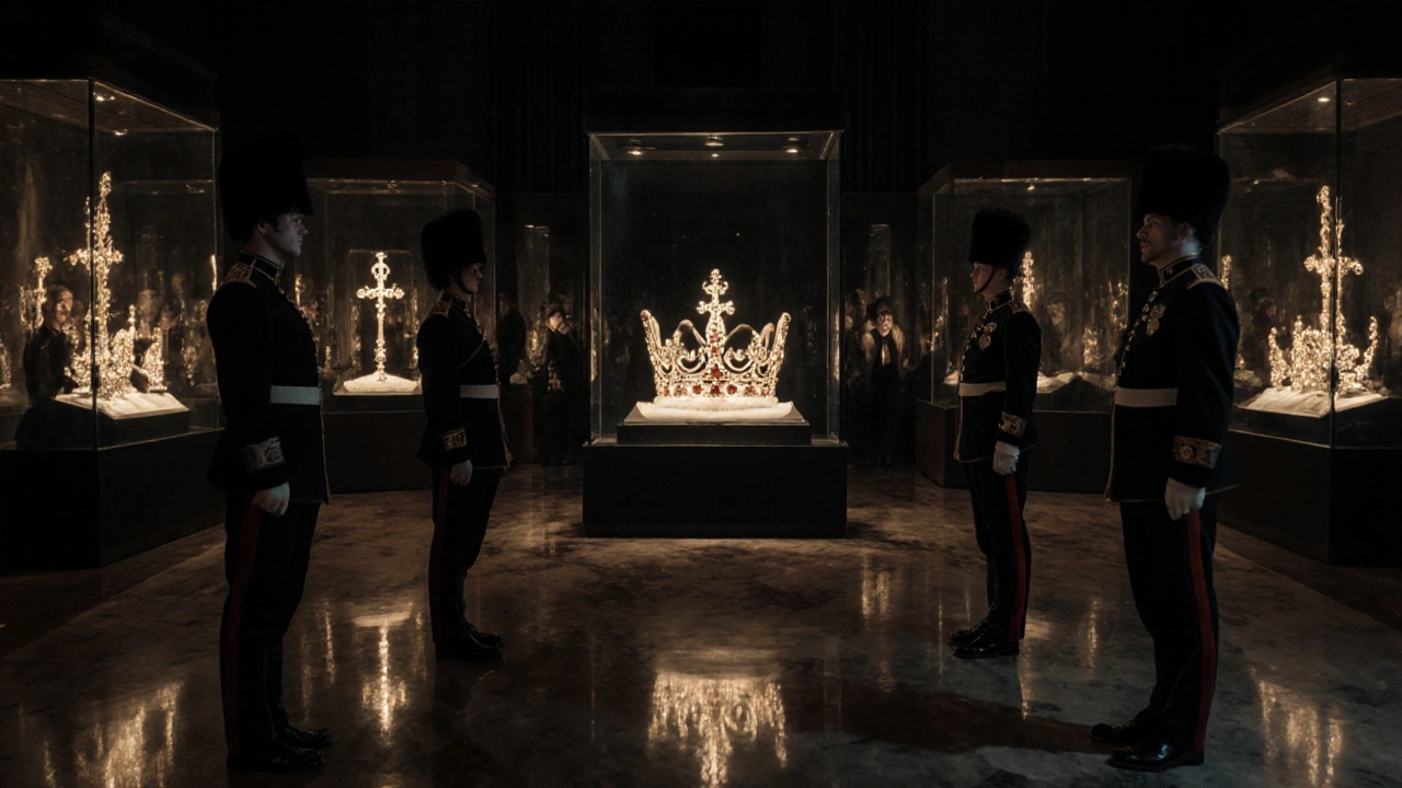 The Crown Jewels glowing under spotlight in the Jewel House, guarded by Beefeaters in historic uniforms.