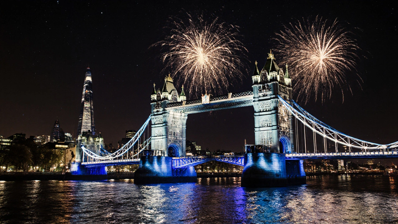 Tower Bridge lit at night with fireworks and city skyline.