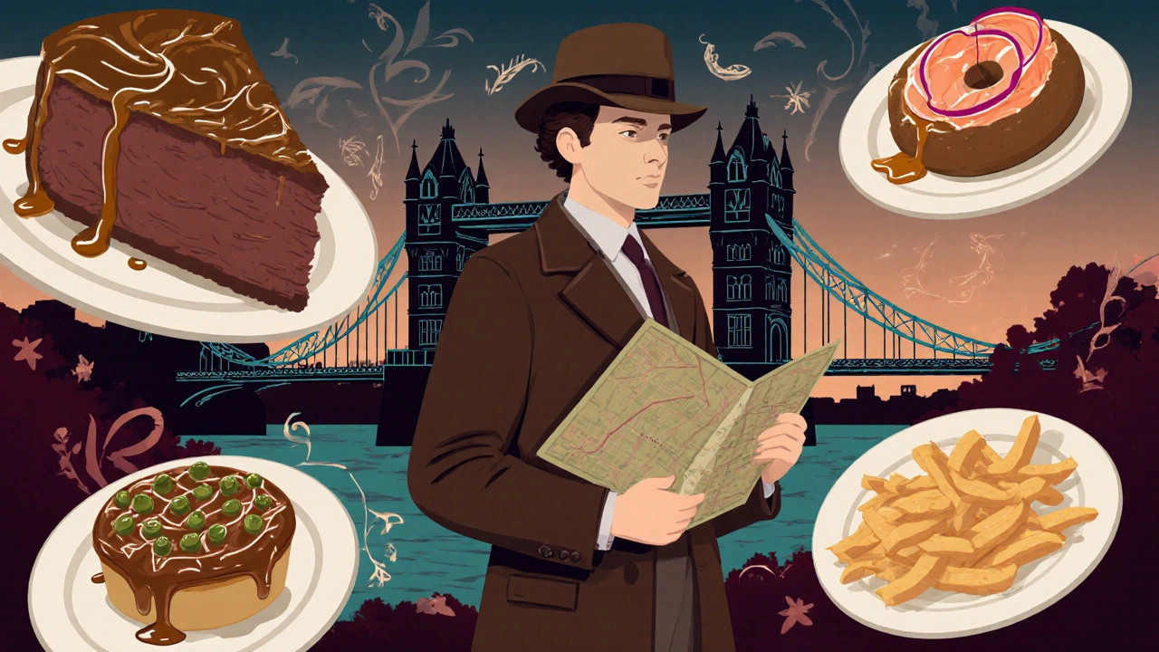 Travel poster of a tourist in London with a collage of iconic dishes swirling around famous landmarks.