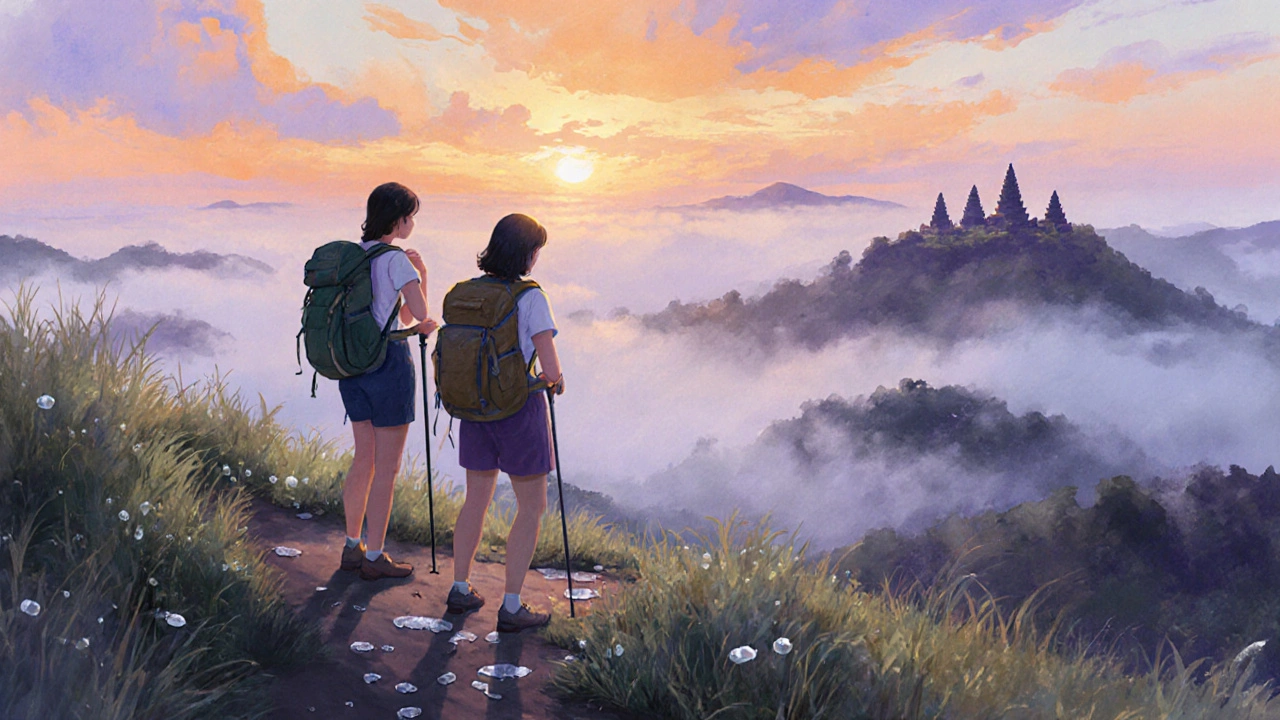 Two female hikers watching sunrise over misty Bali mountains, backpacks on, peaceful expression.