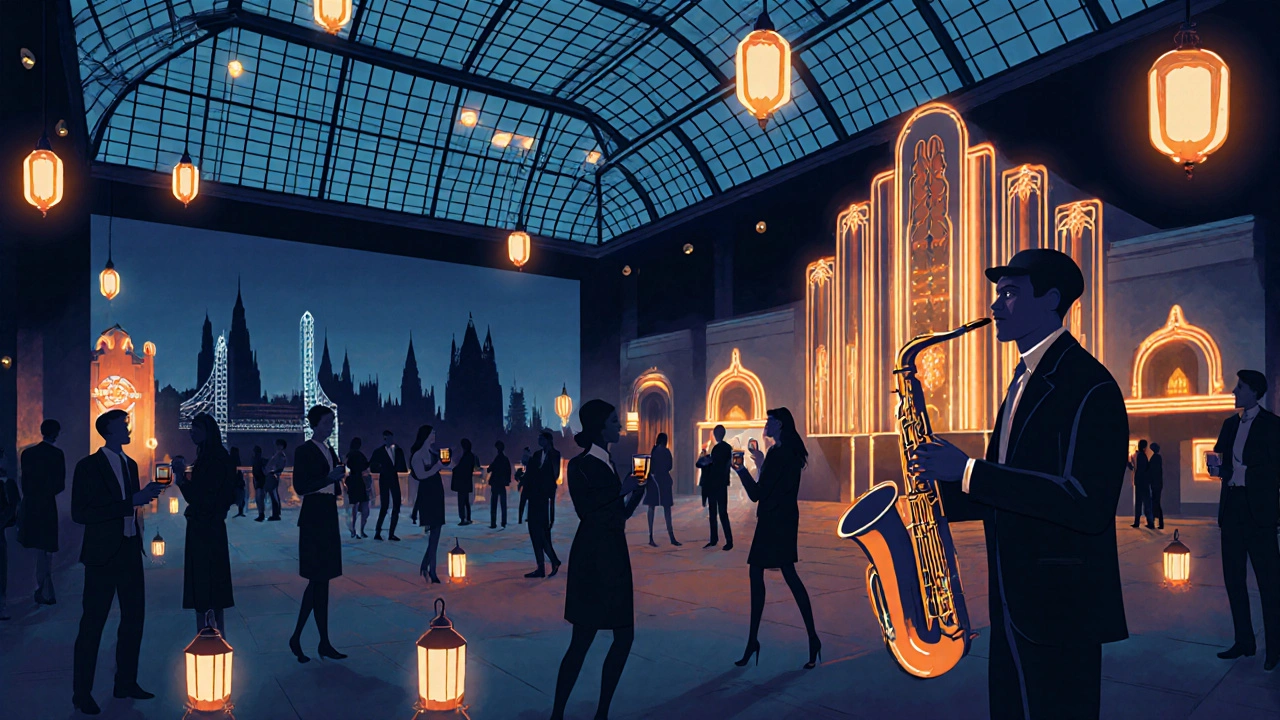 Vintage poster of Friday Lates night in the Great Court with neon lights and crowds.