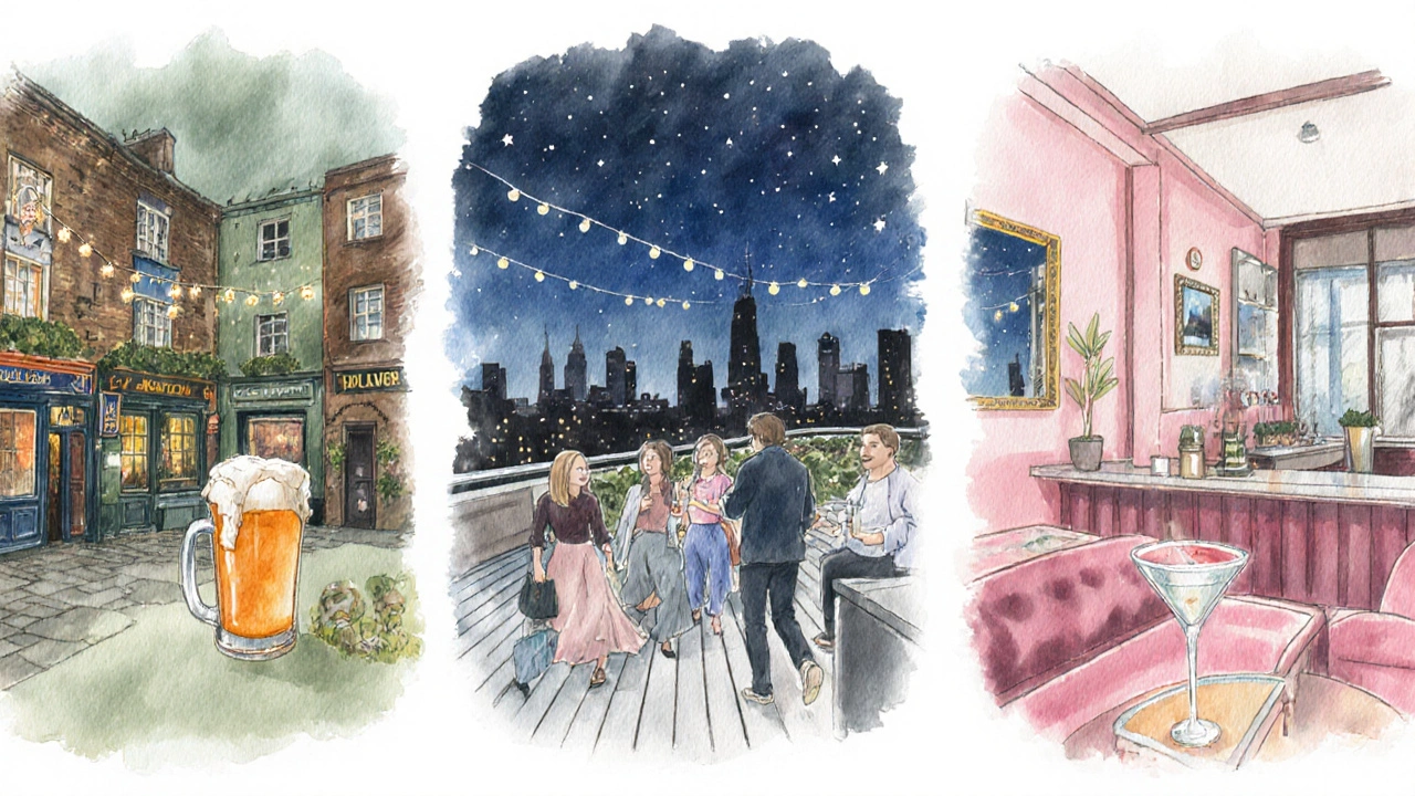 Watercolor montage of a relaxed night across a Camden pub, rooftop bar, and Sketch lounge.