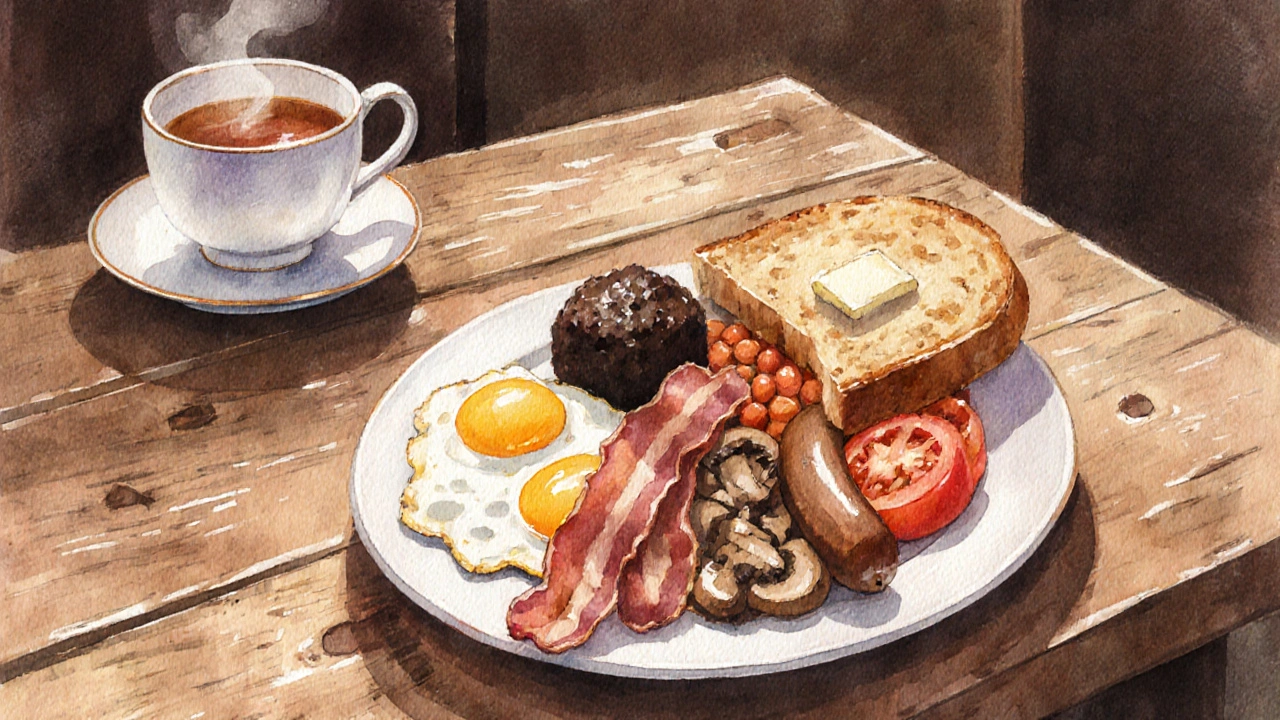 Watercolor of a Full English Breakfast with eggs, bacon, sausage, beans and toast on a wooden table.