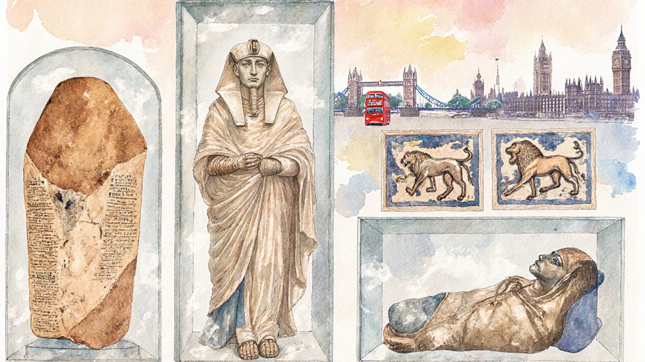 Watercolor of Rosetta Stone, Elgin Marbles, Egyptian mummy, and Assyrian reliefs together.