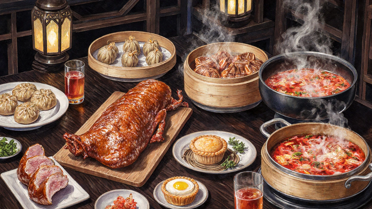 Watercolor table displaying Peking duck, dim sum, hot pot, egg tart, and tea.