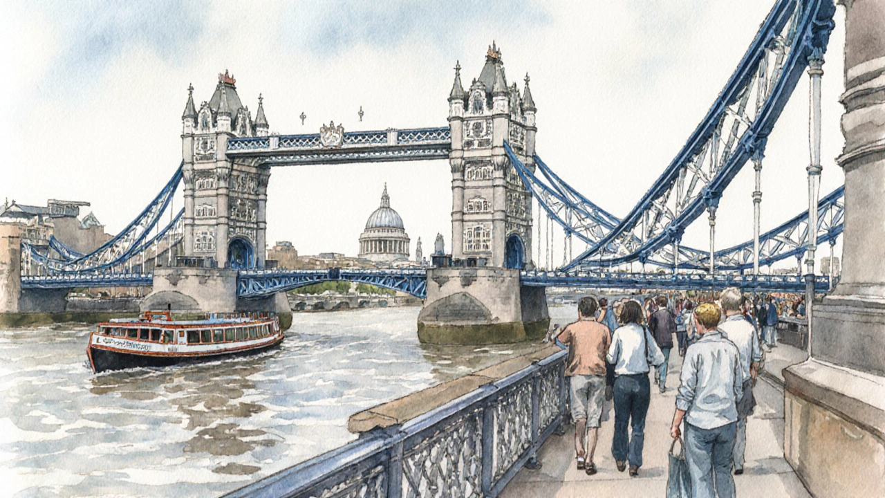 Watercolor view of Tower Bridge walkway with tourists and St Paul&#039;s dome on the horizon.