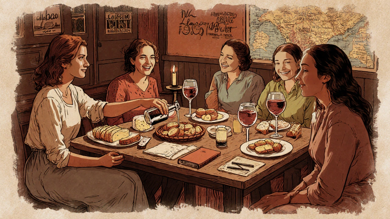 Women sharing a meal in a Lisbon hostel kitchen, wine and bread on wooden table, warm lighting.