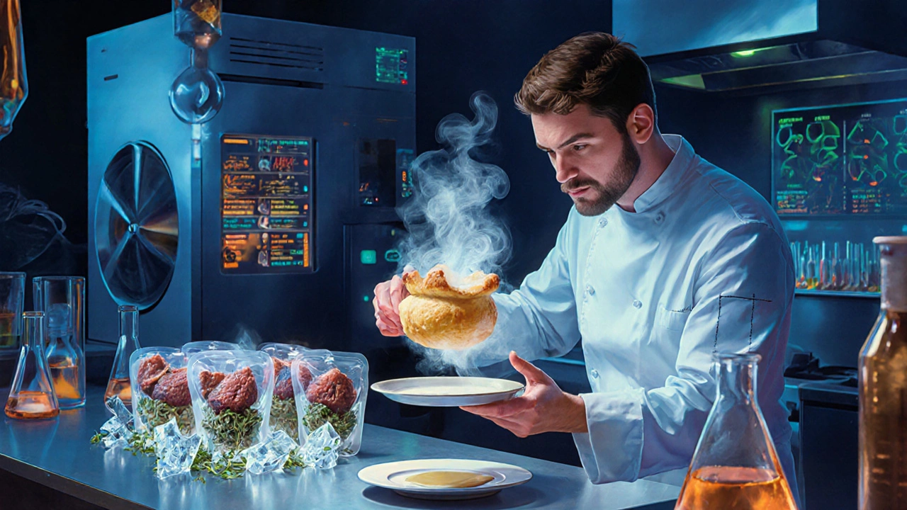 A chef presents a puff of smoke as a deconstructed Yorkshire pudding, surrounded by lab equipment like centrifuges and liquid nitrogen tanks.