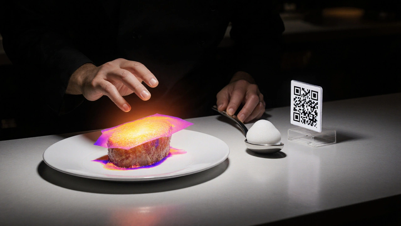 A chef uses thermal imaging to monitor protein doneness at a minimalist counter, with edible citrus paper and a floating QR code nearby.