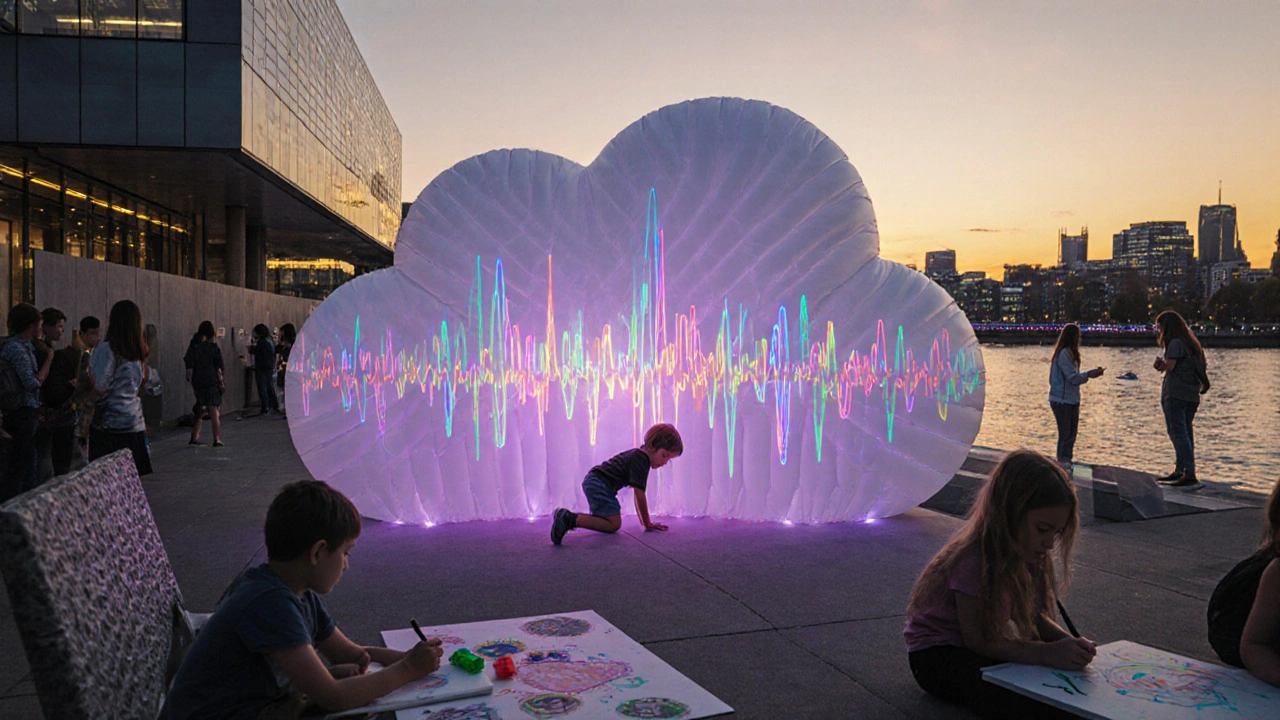 A child inside a glowing inflatable sculpture at Hayward Gallery, with colored lights pulsing above.