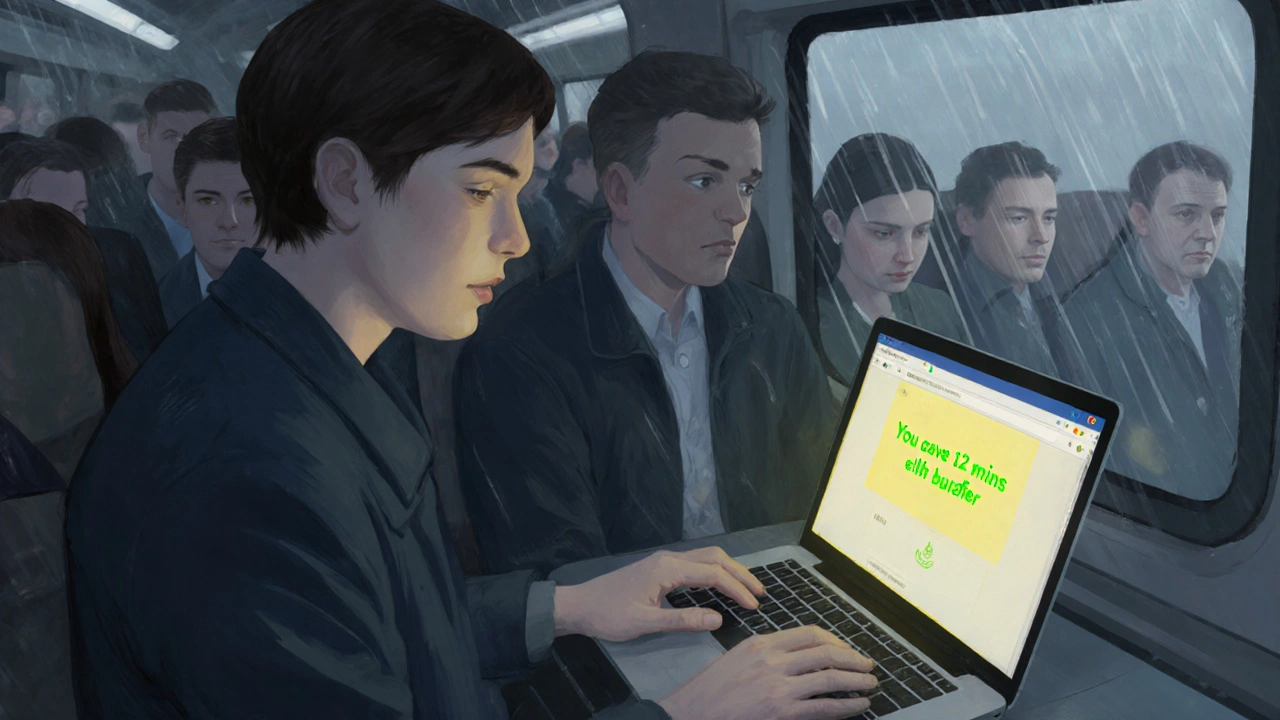 A commuter uses a simple Chrome extension on a train, predicting buffer time for their journey.
